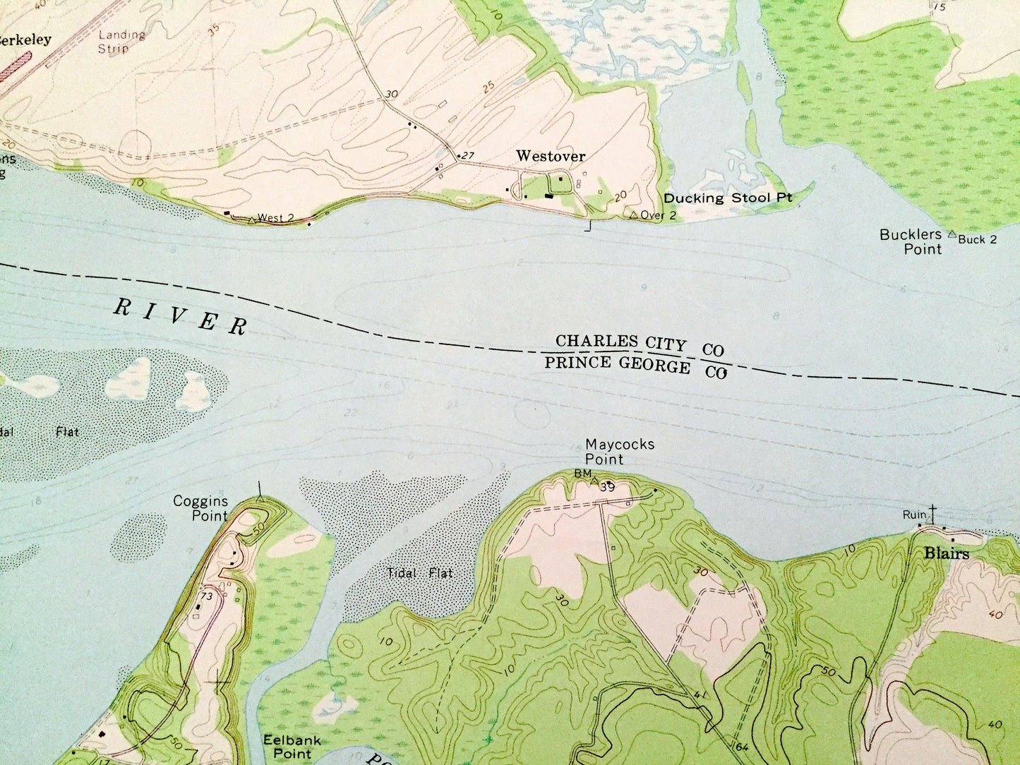 Antique Westover, Virginia 1965 US Geological Survey Topographic Map – Charles City, Prince George County, James River, Tar Bay, Nogtopia VA
