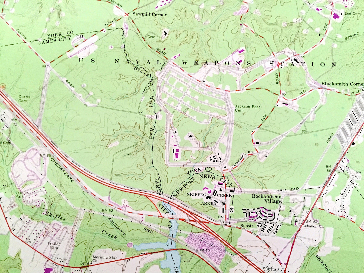 Antique Yorktown, Virginia 1965 US Geological Survey Topographic Map – York, James City County, Revolutionary War Battle National Park, VA