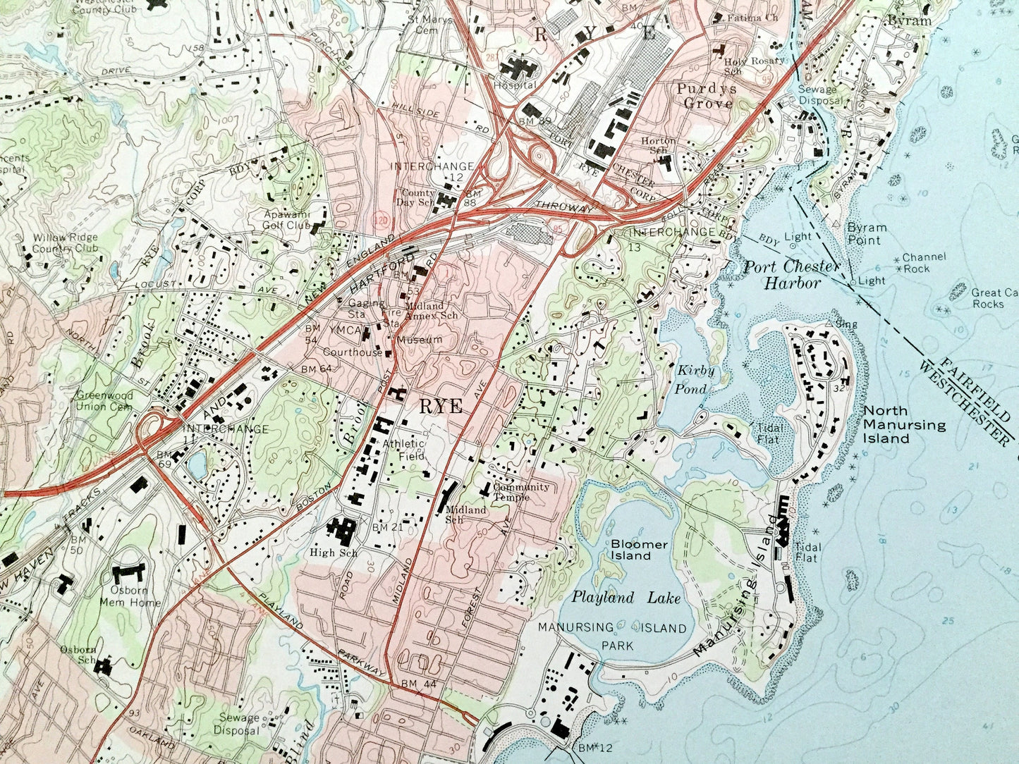 Antique Mamaroneck, New York 1967 US Geological Survey Topographic Map – Westchester, Nassau County, White Plains, Rye, Connecticut NY