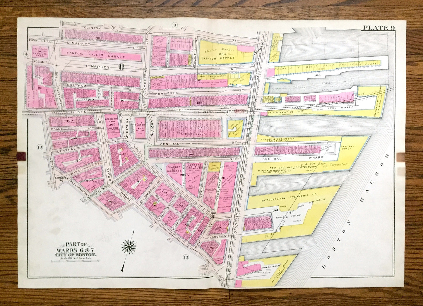 Antique 1908 Boston, Massachusetts Map from G.W. Bromley Atlas – Waterfront, Financial District, Faneuil Hall, Quincy Market, Harbor, MA