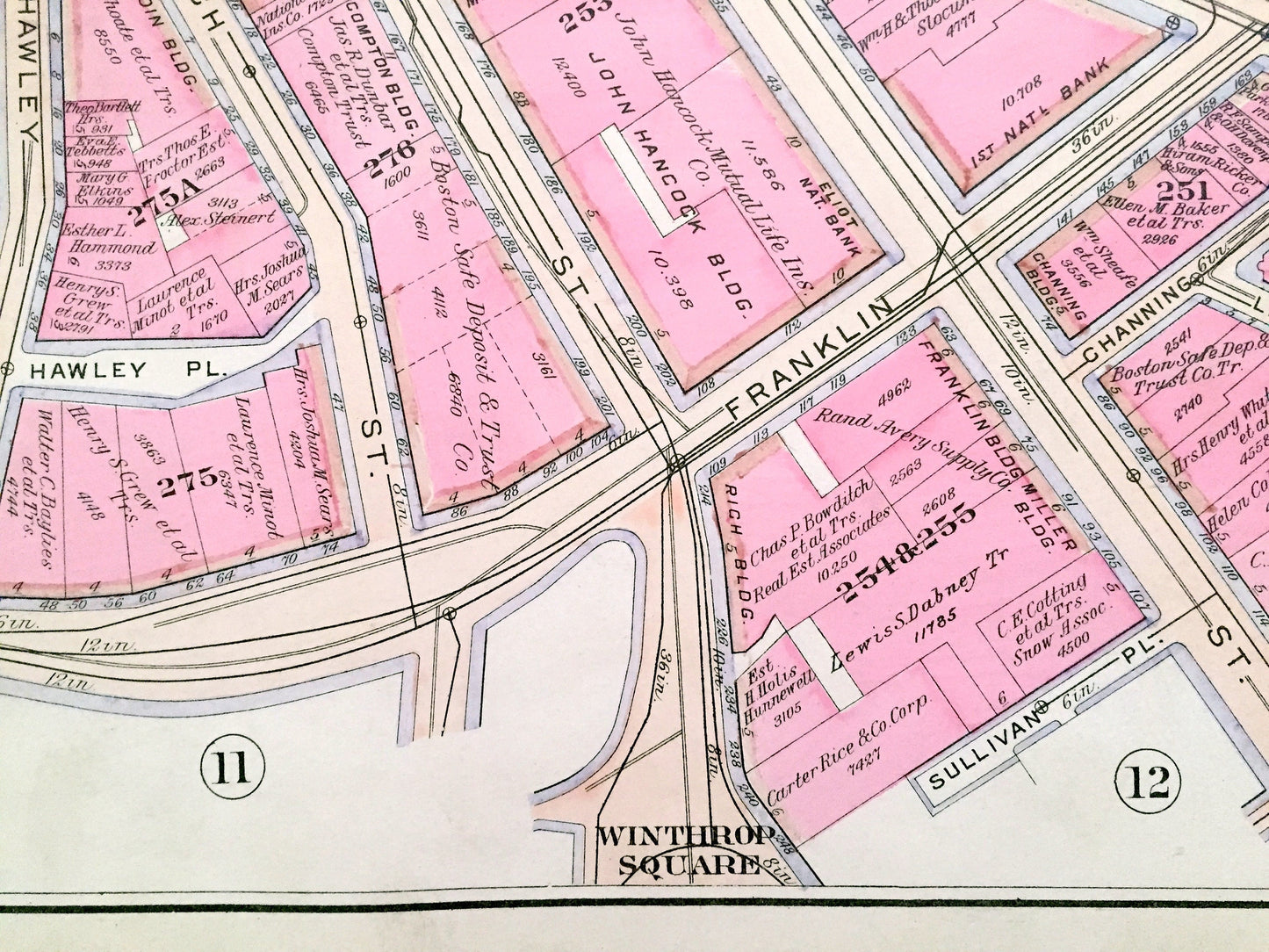 Antique 1908 Boston, Massachusetts Map from G.W. Bromley Atlas – Downtown, Waterfront, Financial District, Post Office, Fort Hill Square, MA