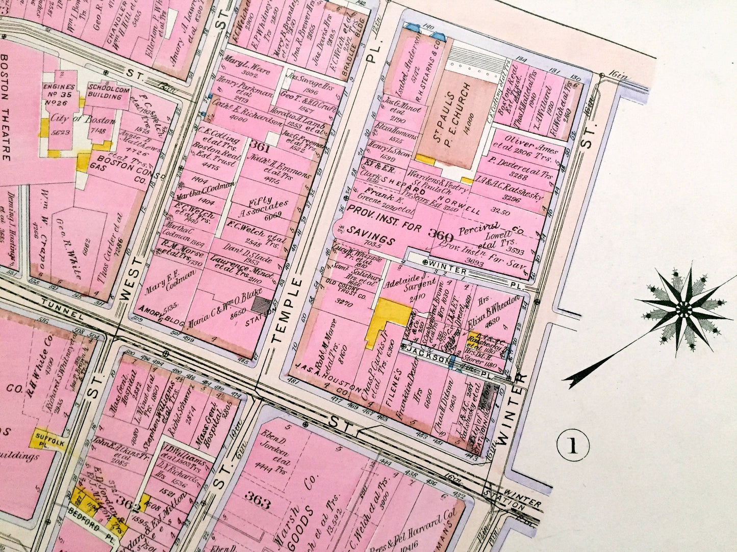 Antique 1908 Downtown Crossing, Boston, Massachusetts Map from G.W. Bromley Atlas – Theater District, Chinatown, Common, Boylston, Tremont