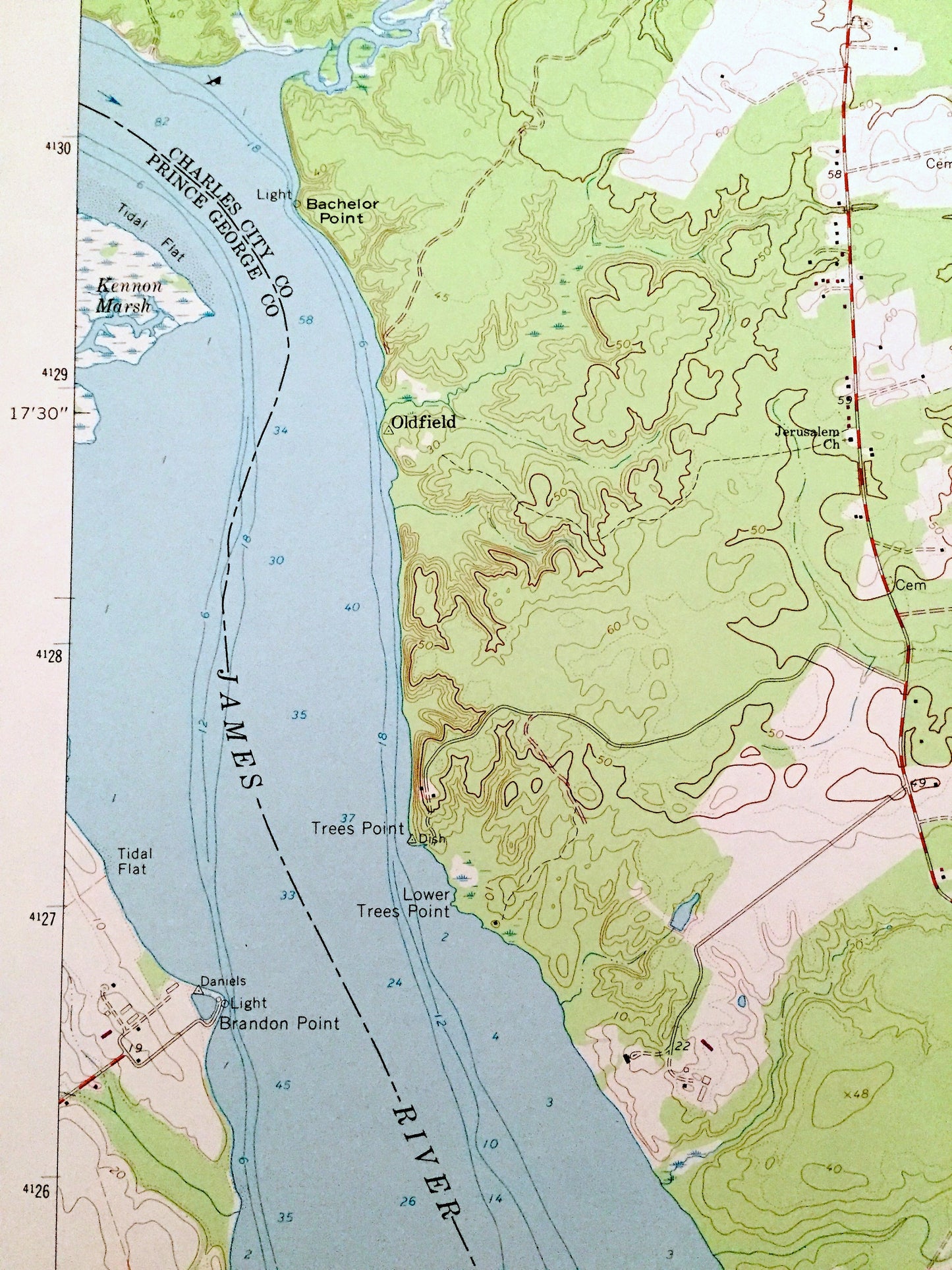 Antique Brandon, Virginia 1965 US Geological Survey Topographic Map – Charles City, James City County, James River, Chickahominy Wildlife VA