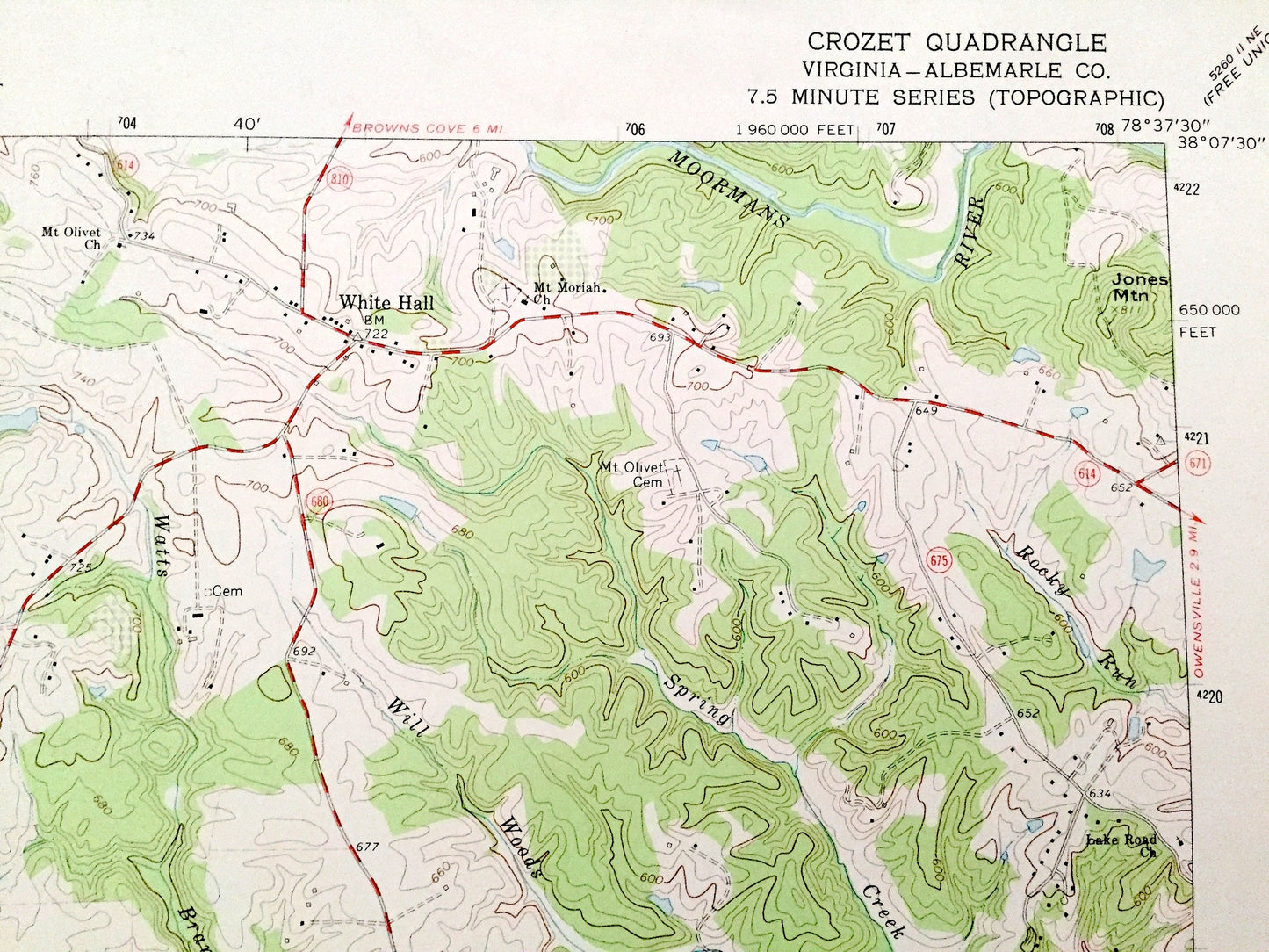 Antique Crozet, Virginia 1973 US Geological Survey Topographic Map – Albemarle County, White Hall, Midway, Yancey Mills, Brownsville, VA