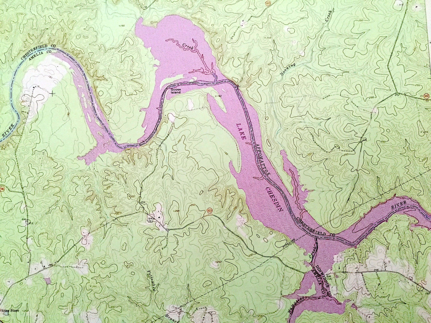 Antique Winterpock, Virginia 1963 US Geological Survey Topographic Map – Chesterfield, Amelia County, Lake Chesdin, Appomattox River, VA