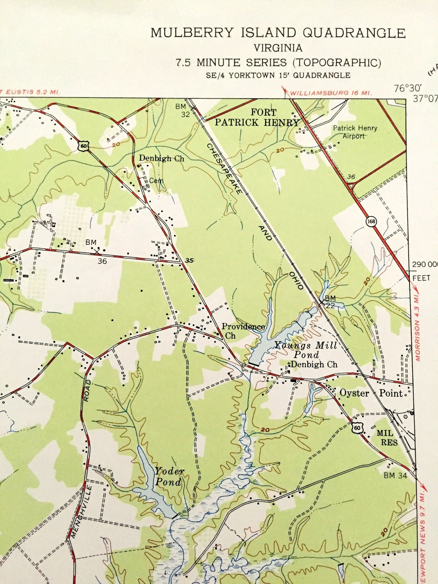 Antique Mulberry Island, Virginia 1950 US Geological Survey Topographic Map – Warwick, Isle of Wight County, James River, Fort Eustis, VA