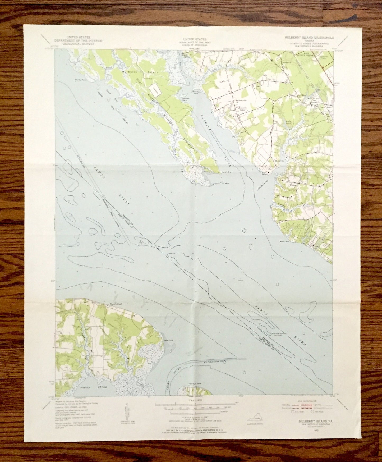 Antique Mulberry Island, Virginia 1950 US Geological Survey Topographic Map – Warwick, Isle of Wight County, James River, Fort Eustis, VA