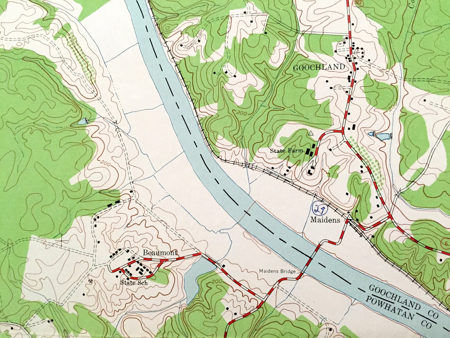 Antique Goochland, Virginia 1943 US Geological Survey Topographic Map – Powhatan County, State Park, James River, Maidens, Dogtown VA