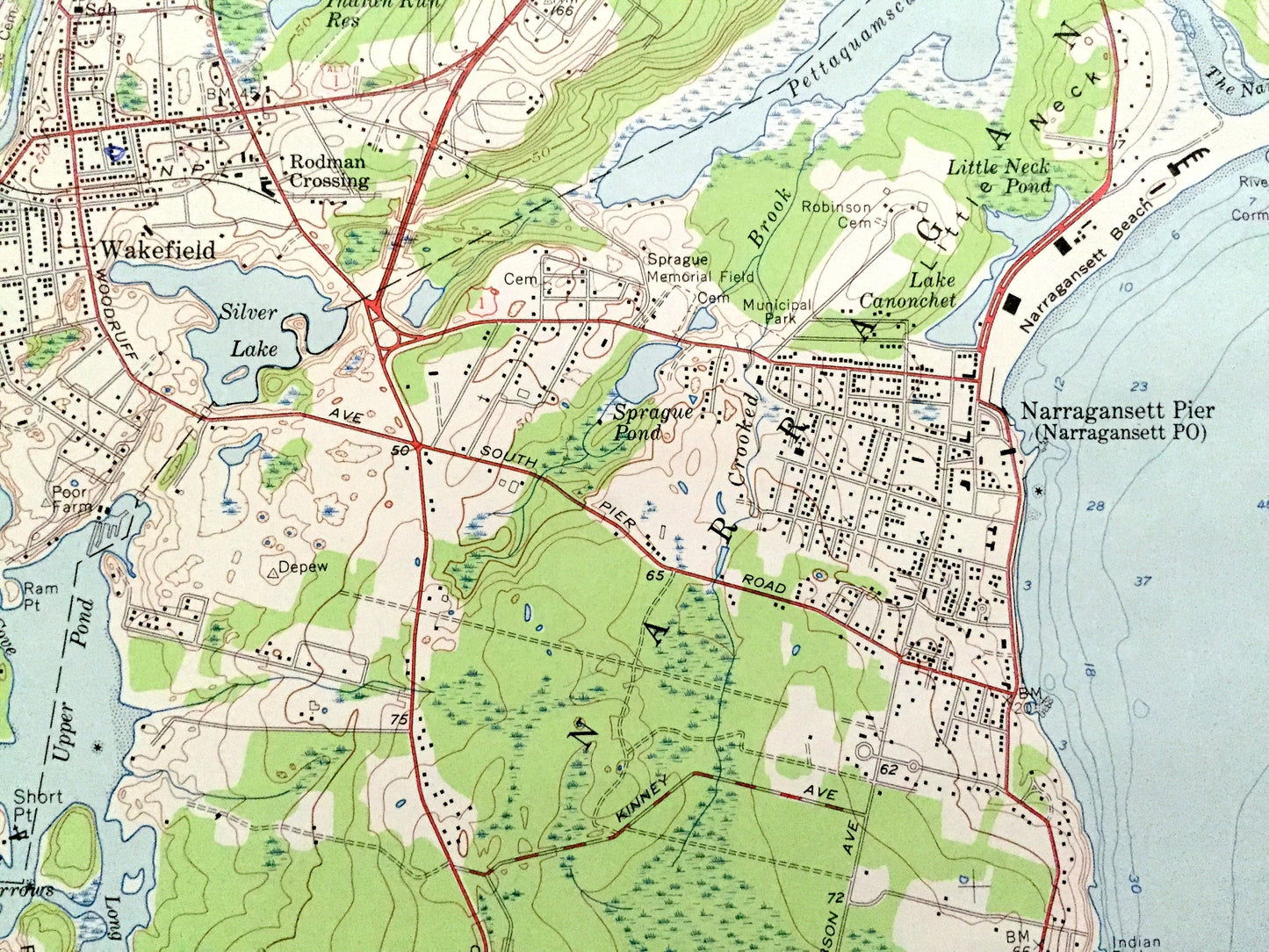 Antique Narragansett Pier, Rhode Island 1957 US Geological Survey Topographic Map – Washington County, Newport, Kingston, Jamestown, Bay, RI