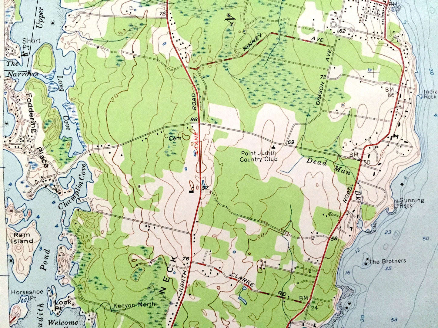 Antique Narragansett Pier, Rhode Island 1957 US Geological Survey Topographic Map – Washington County, Newport, Kingston, Jamestown, Bay, RI