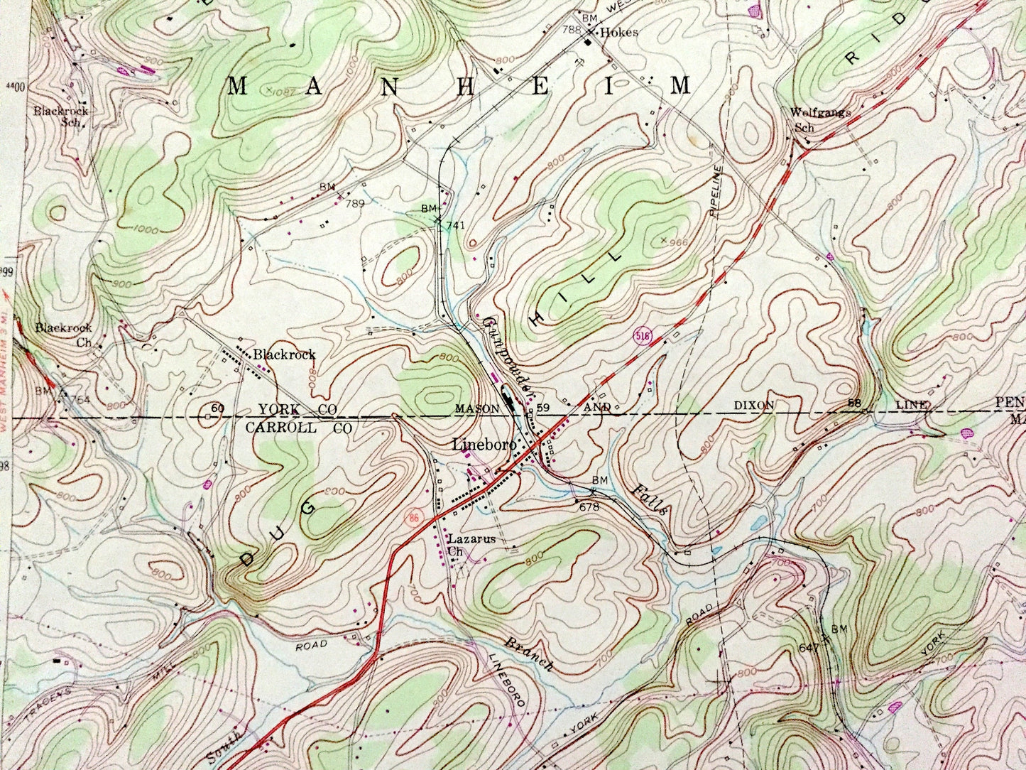 Antique Lineboro, Maryland 1953 US Geological Survey Topographic Map – Carroll County, York, Prettyboy Reservoir, Manheim Pennsylvania MD PA