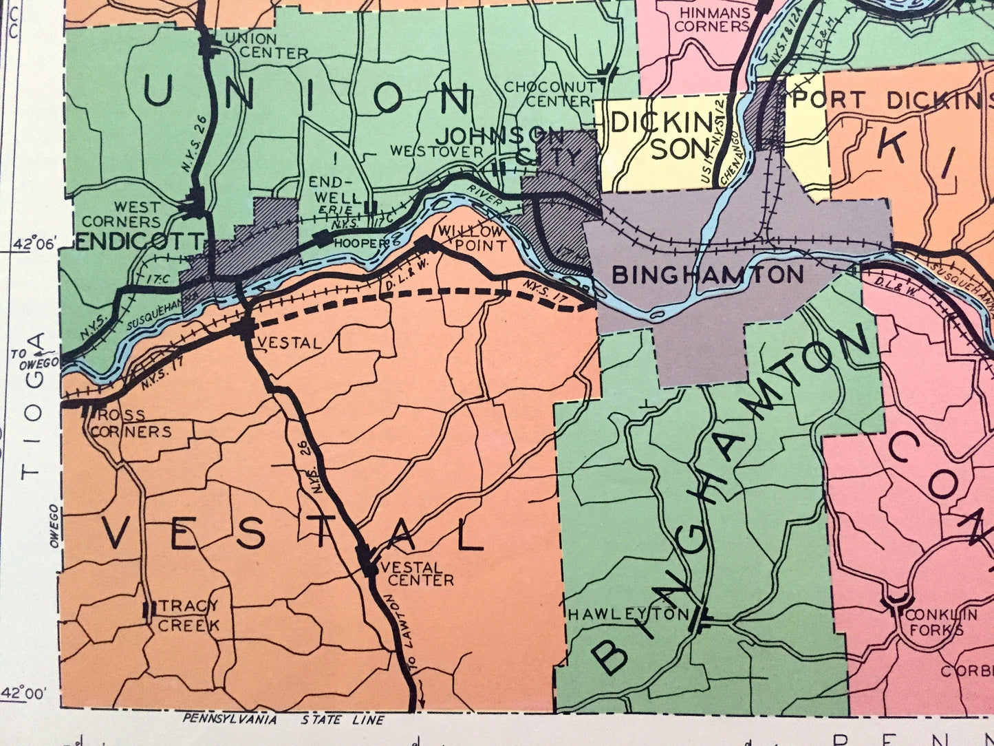 Antique Broome County, New York 1941 Historical Atlas Map – Binghamton, Lisle, Whitney Point, Deposit, Windsor, Lestershire, Sanford, NY