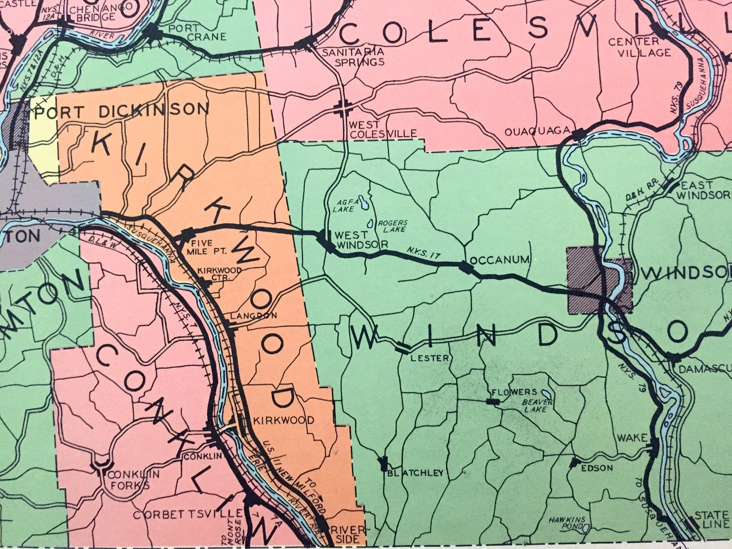 Antique Broome County, New York 1941 Historical Atlas Map – Binghamton, Lisle, Whitney Point, Deposit, Windsor, Lestershire, Sanford, NY