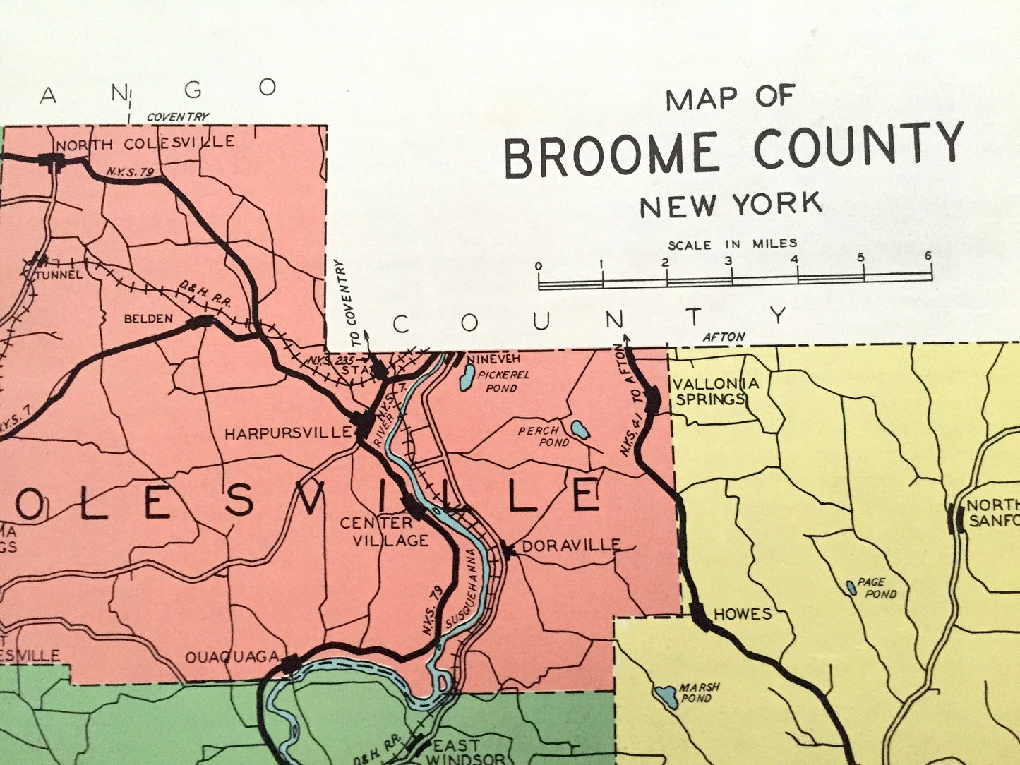 Antique Broome County, New York 1941 Historical Atlas Map – Binghamton, Lisle, Whitney Point, Deposit, Windsor, Lestershire, Sanford, NY