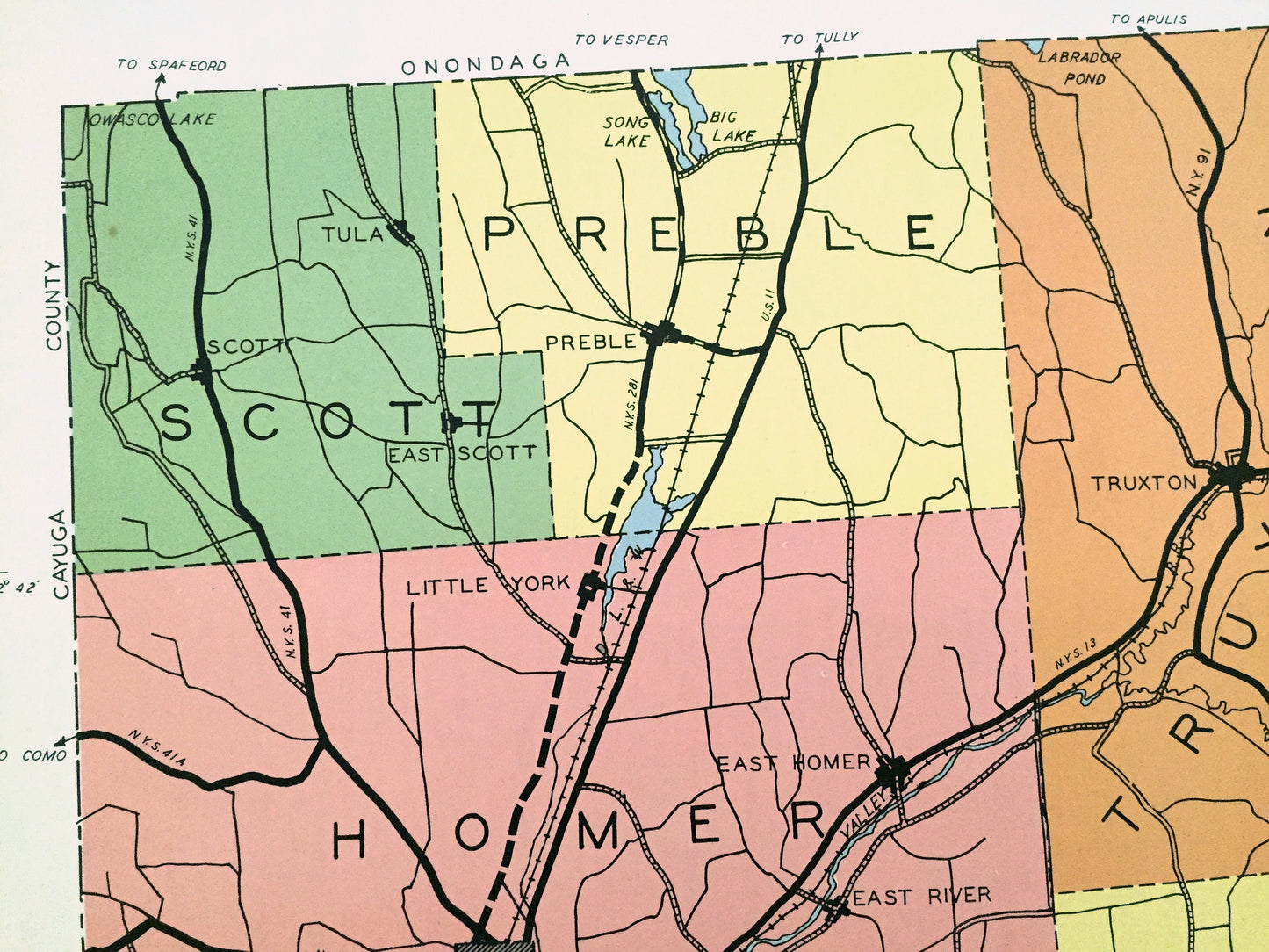 Antique Cortland County, New York 1941 Historical Atlas Map – Cortlandville, Homer, McGraw, Scott, Preble, Marathon, Harford, Texas Valley