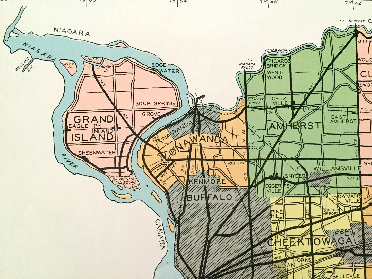 Antique Erie County, New York 1941 Historical Atlas Map – Buffalo, Cheektowaga, Seneca, Hamburg, Grand Island Aurora Evans Niagara Falls NY