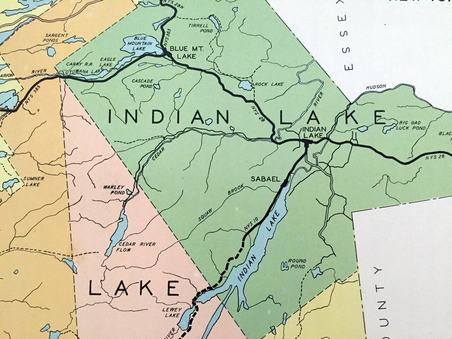 Antique Hamilton County, New York 1941 Historical Atlas Map – Adirondacks, Lake Pleasant, Piseco, Raquette, Sacandaga, Arietta Speculator NY