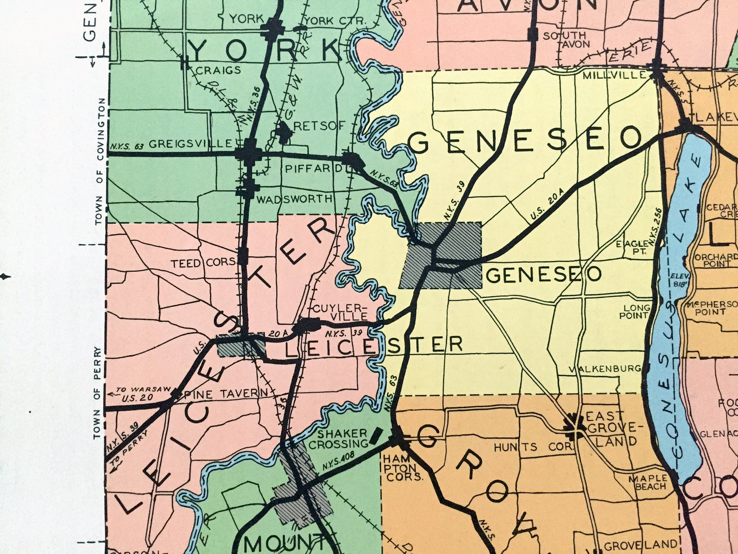 Antique Livingston County, New York 1941 Historical Atlas Map – Geneseo, Caledonia, Avon, Mount Morris, Nunda, Dansville, Conesus Hemlock NY