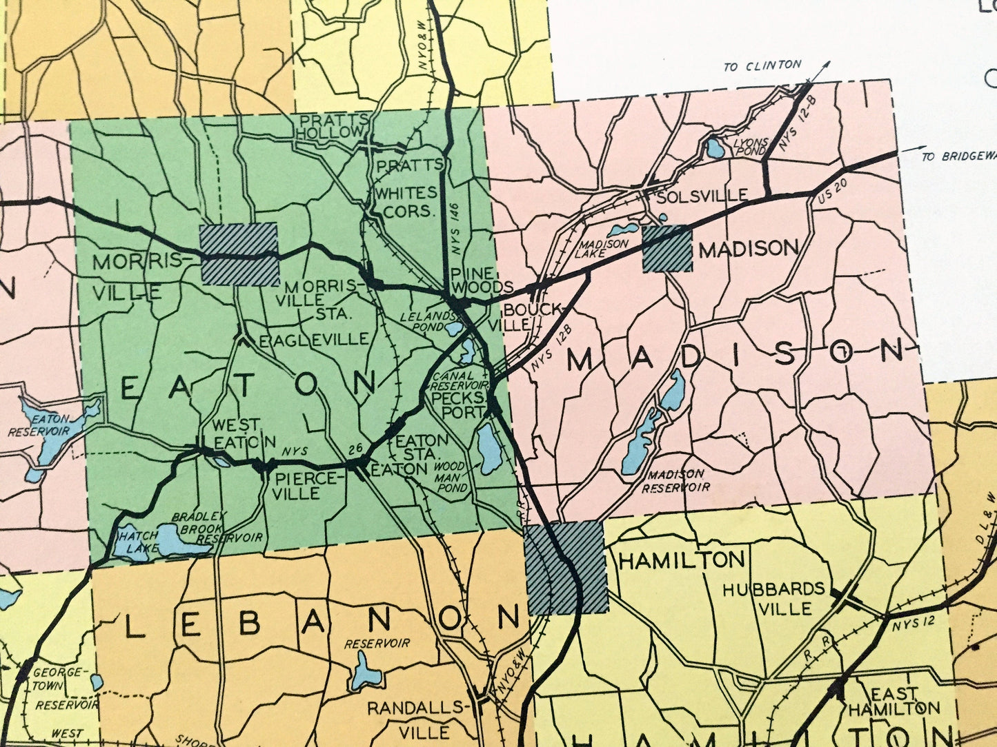 Antique Madison County, New York 1941 Historical Atlas Map – Oneida, Bridgeport, Cazenova, Chittenango, Canastota, Hamilton, Brookfield, NY