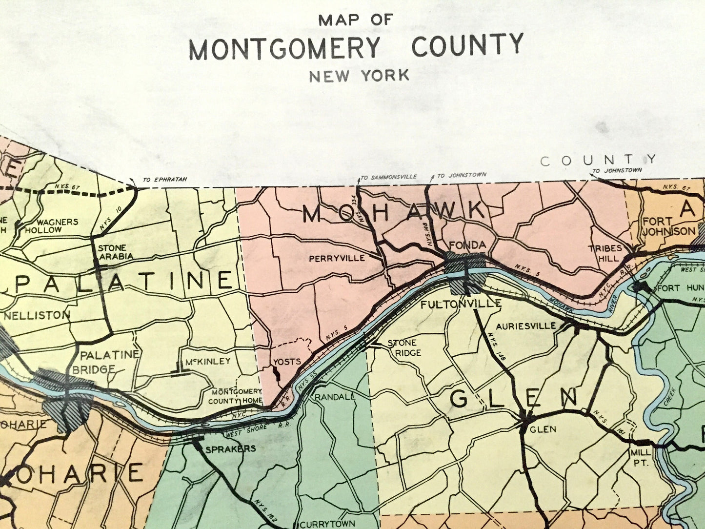 Antique Montgomery County, New York 1941 Historical Atlas Map – Fonda, St. Johnsville, Amsterdam, Canajoharie, Charleston, Four Corners, NY