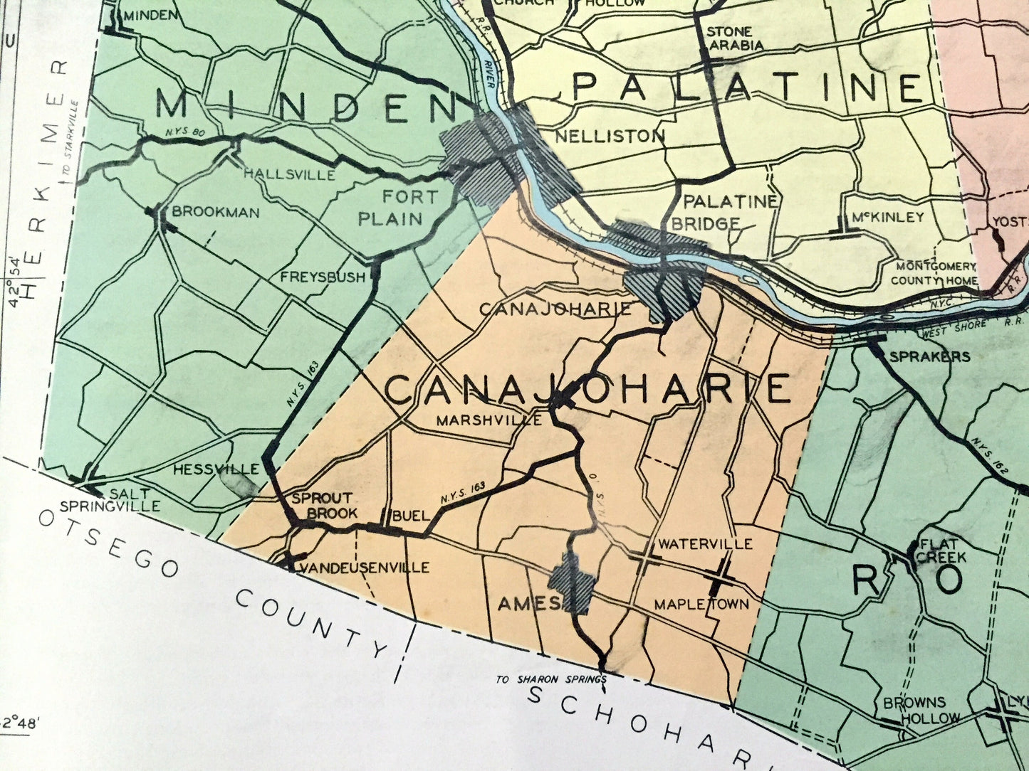 Antique Montgomery County, New York 1941 Historical Atlas Map – Fonda, St. Johnsville, Amsterdam, Canajoharie, Charleston, Four Corners, NY