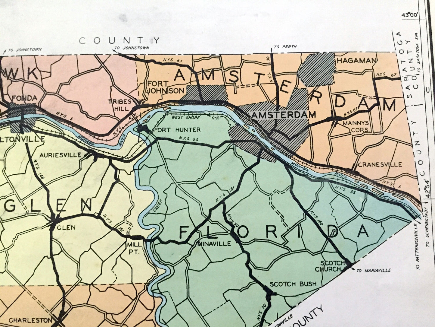 Antique Montgomery County, New York 1941 Historical Atlas Map – Fonda, St. Johnsville, Amsterdam, Canajoharie, Charleston, Four Corners, NY