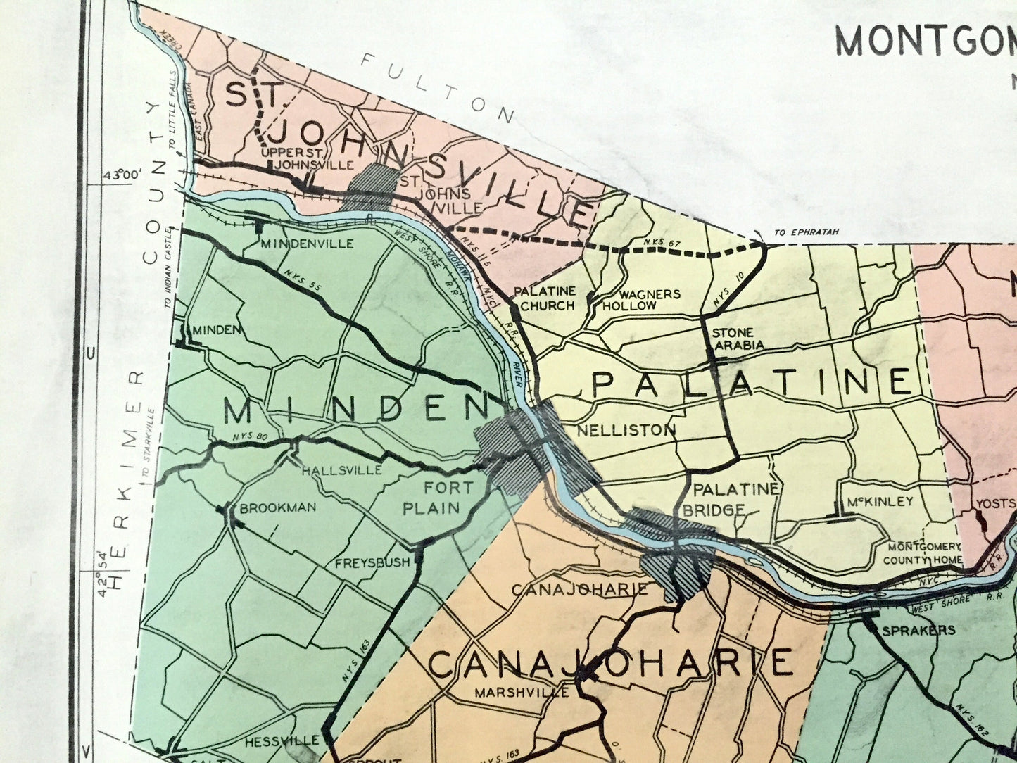 Antique Montgomery County, New York 1941 Historical Atlas Map – Fonda, St. Johnsville, Amsterdam, Canajoharie, Charleston, Four Corners, NY