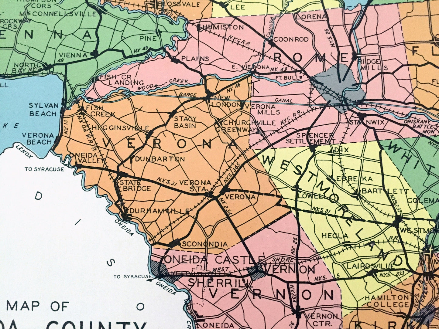 Antique Oneida County, New York 1941 Historical Atlas Map – Rome, Utica, Clinton, Camden, Boonville, Forestport, Oriskany Falls, Vienna, NY
