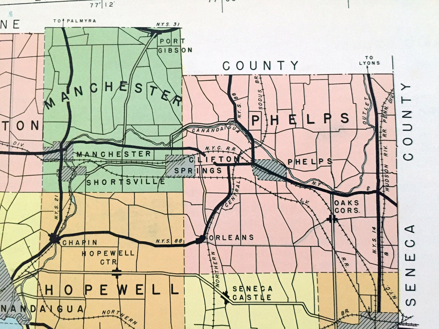 Antique Ontario County, New York 1941 Historical Atlas Map – Canandaigua, Geneva, Victor, Phelps, Honeoye, Manchester, Bristol Bloomfield NY