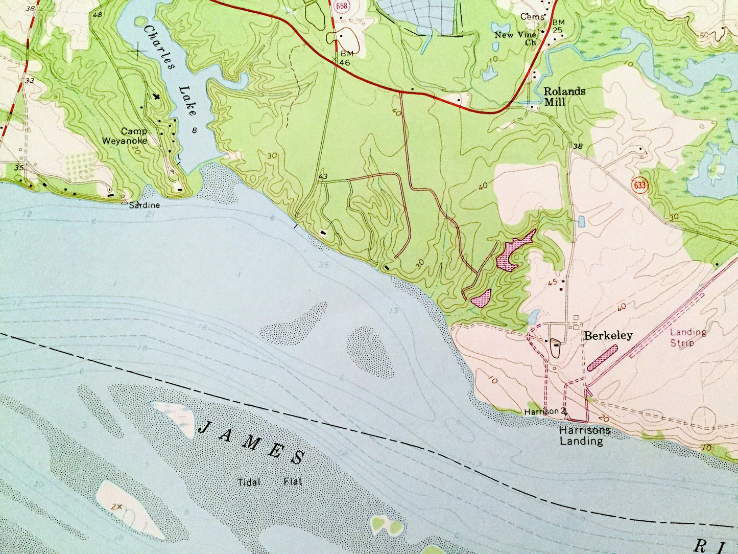 Antique Westover, Virginia 1965 US Geological Survey Topographic Map – Charles City, Prince George County, James River, Tar Bay, Nogtopia VA