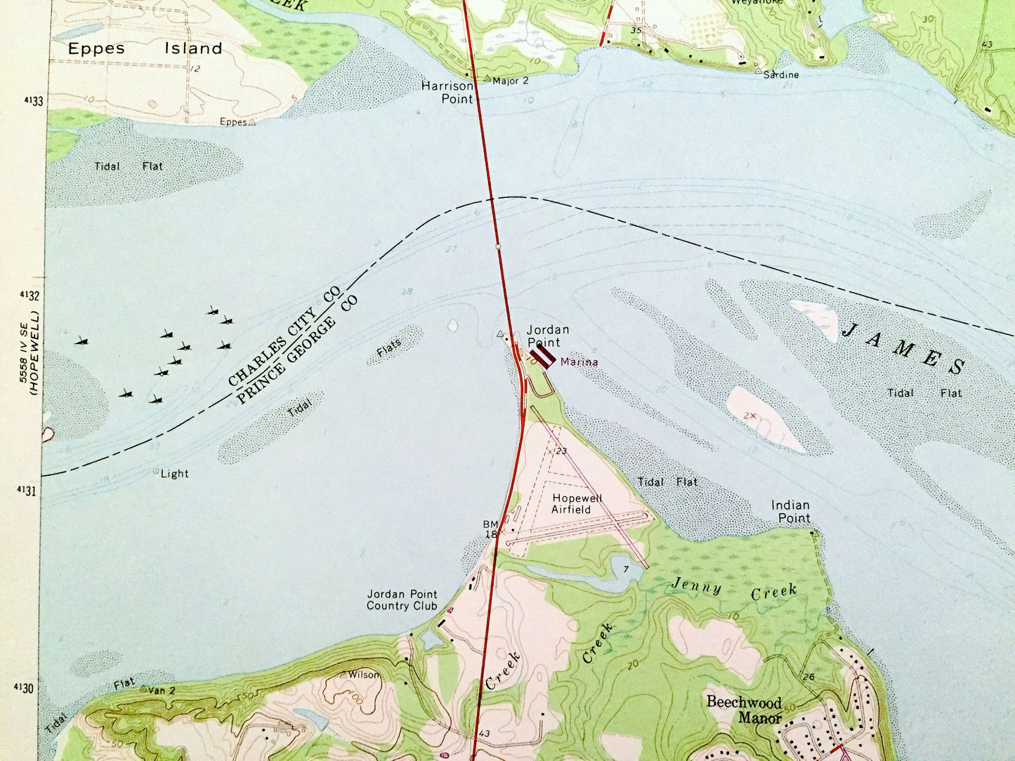 Antique Westover, Virginia 1965 US Geological Survey Topographic Map – Charles City, Prince George County, James River, Tar Bay, Nogtopia VA
