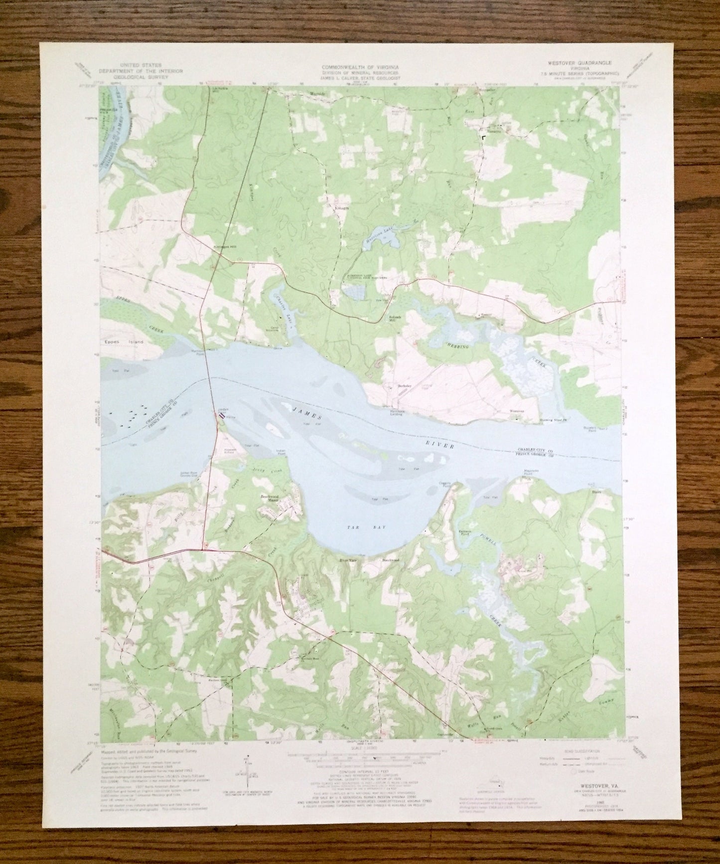 Antique Westover, Virginia 1965 US Geological Survey Topographic Map – Charles City, Prince George County, James River, Tar Bay, Nogtopia VA