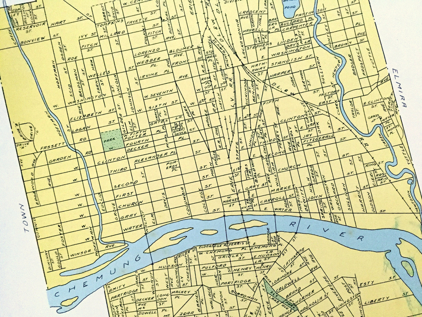 Antique Elmira & Dunkirk, New York 1941 Historical Atlas City Street Map – Chemung, Chautauqua County, Lake Erie, River, Harbor, Beach, NY