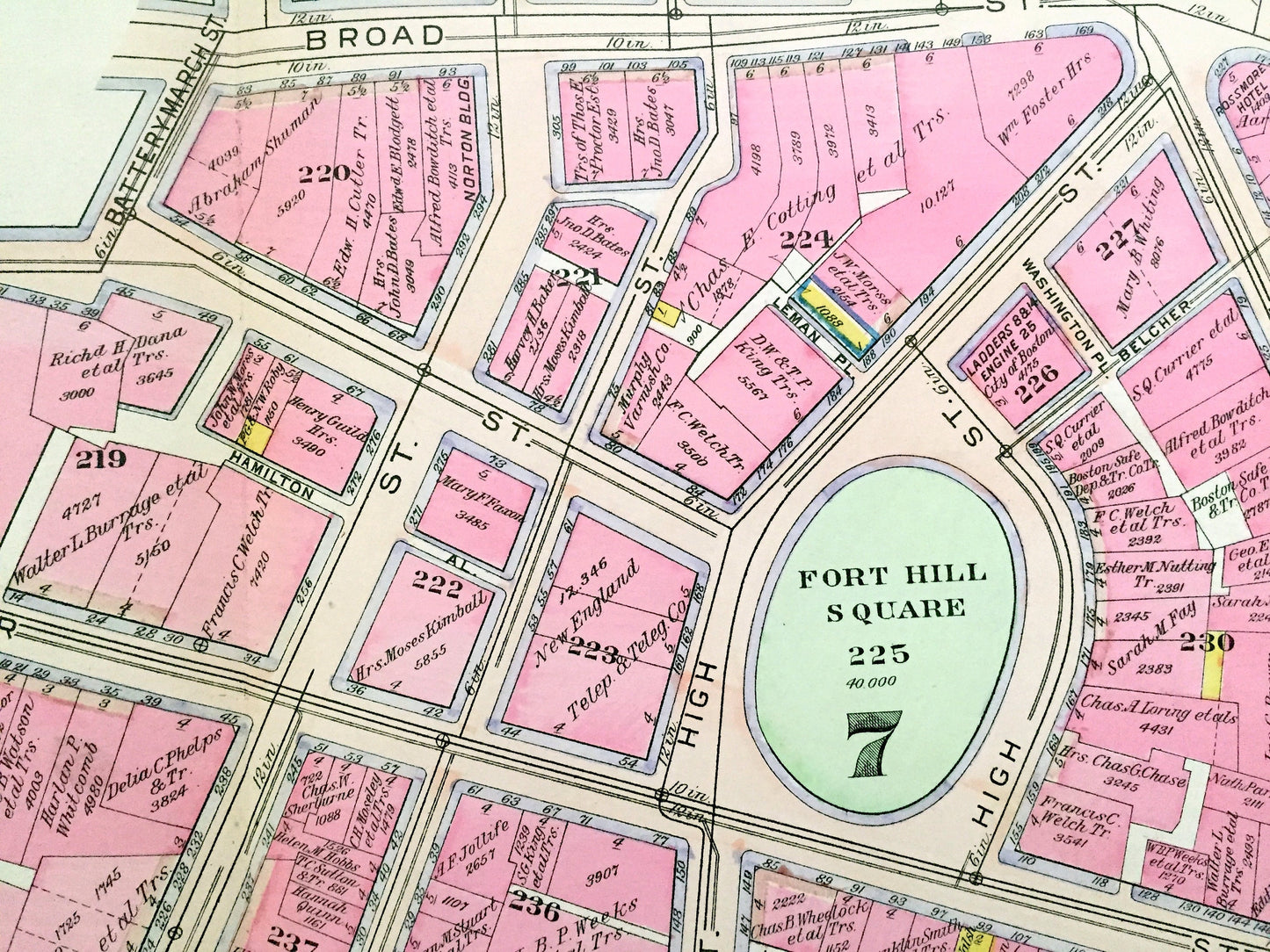 Antique 1908 Boston, Massachusetts Map from G.W. Bromley Atlas – Downtown, Waterfront, Financial District, Post Office, Fort Hill Square, MA