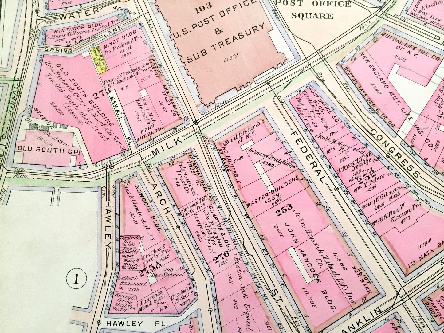 Antique 1908 Boston, Massachusetts Map from G.W. Bromley Atlas – Downtown, Waterfront, Financial District, Post Office, Fort Hill Square, MA