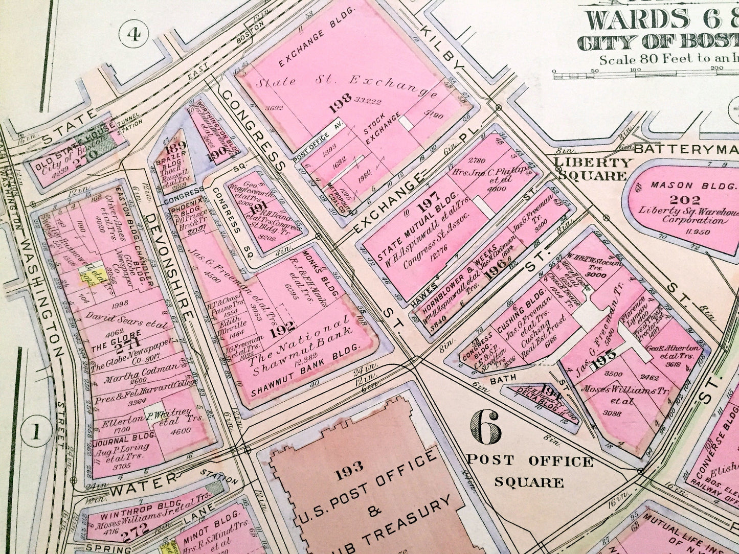 Antique 1908 Boston, Massachusetts Map from G.W. Bromley Atlas – Downtown, Waterfront, Financial District, Post Office, Fort Hill Square, MA