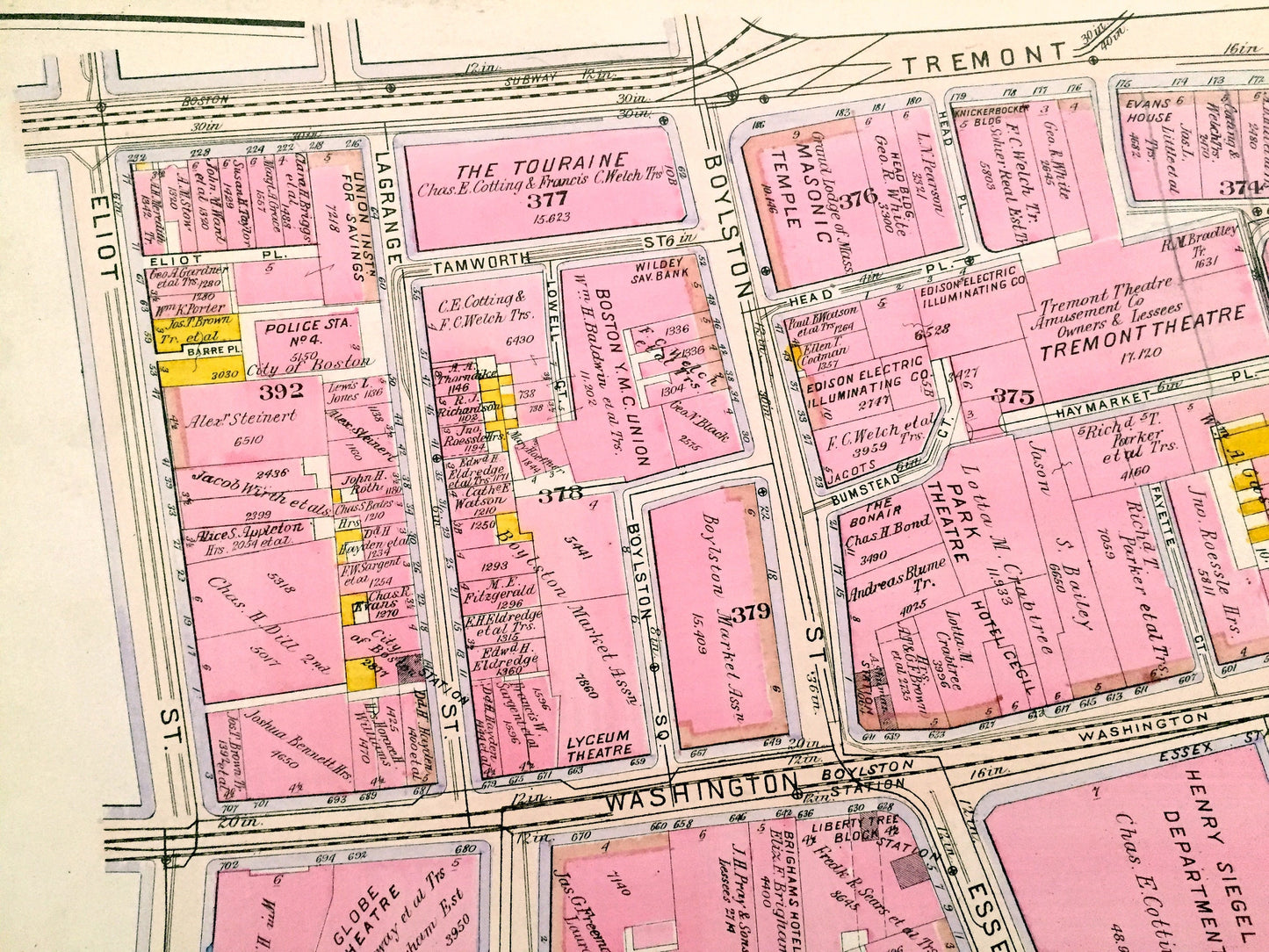 Antique 1908 Downtown Crossing, Boston, Massachusetts Map from G.W. Bromley Atlas – Theater District, Chinatown, Common, Boylston, Tremont