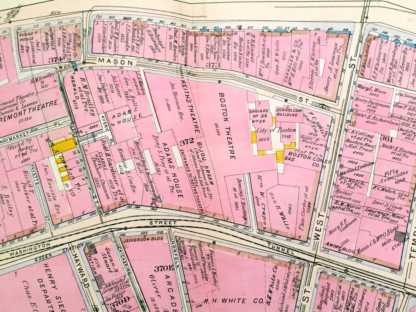 Antique 1908 Downtown Crossing, Boston, Massachusetts Map from G.W. Bromley Atlas – Theater District, Chinatown, Common, Boylston, Tremont