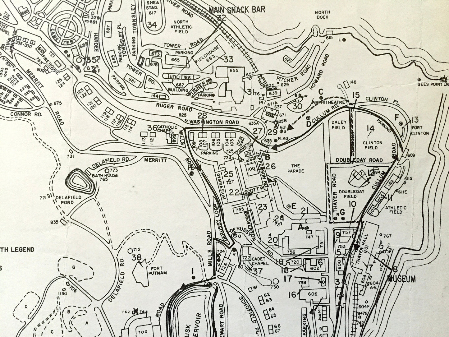 Antique West Point US Military Academy, New York 1975 Historical Atlas Map – USA Army, Hudson River Valley, Battle Monument, Museum, NY