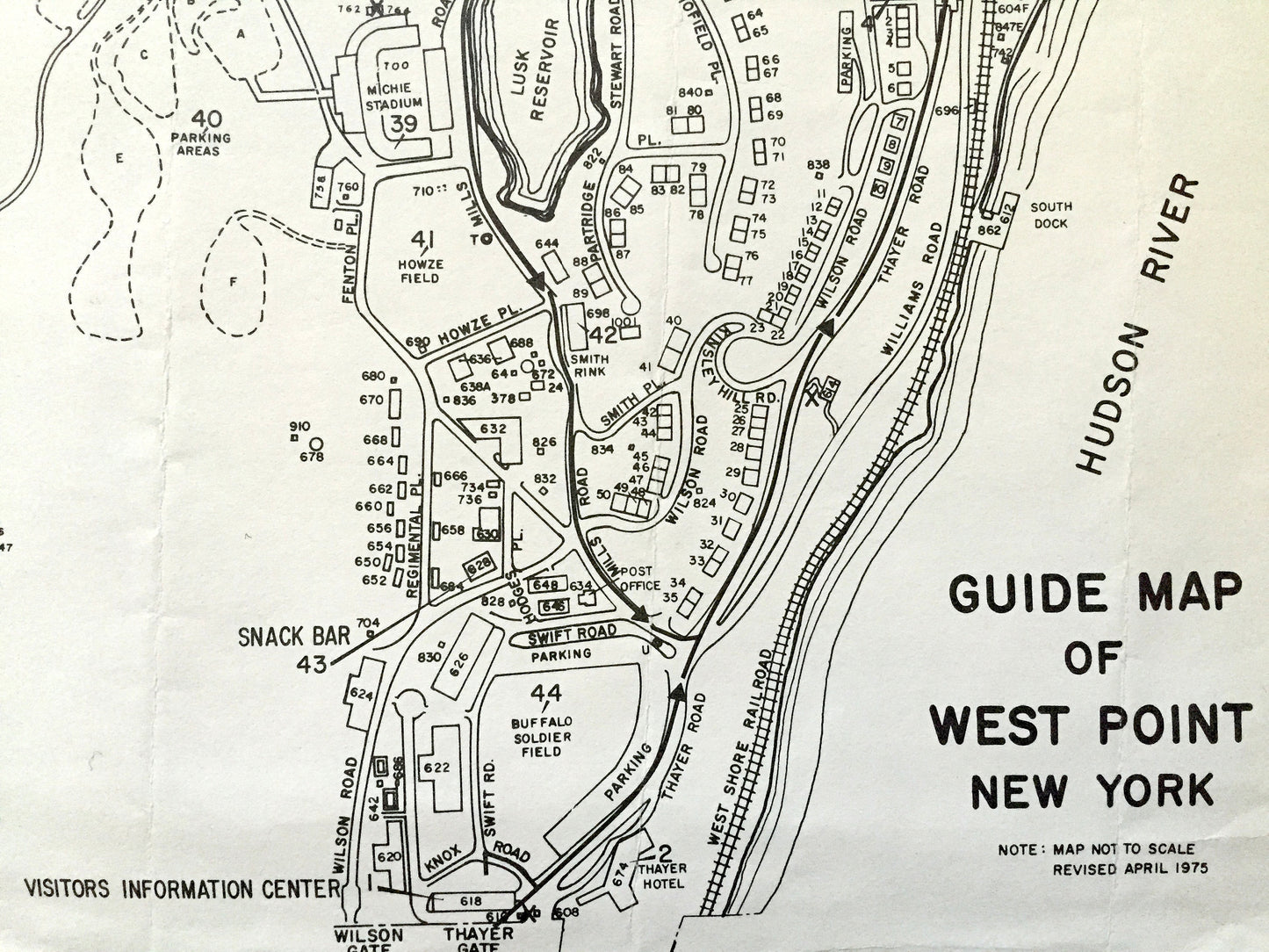 Antique West Point US Military Academy, New York 1975 Historical Atlas Map – USA Army, Hudson River Valley, Battle Monument, Museum, NY