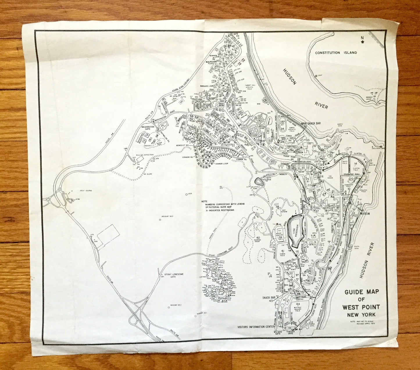 Antique West Point US Military Academy, New York 1975 Historical Atlas Map – USA Army, Hudson River Valley, Battle Monument, Museum, NY