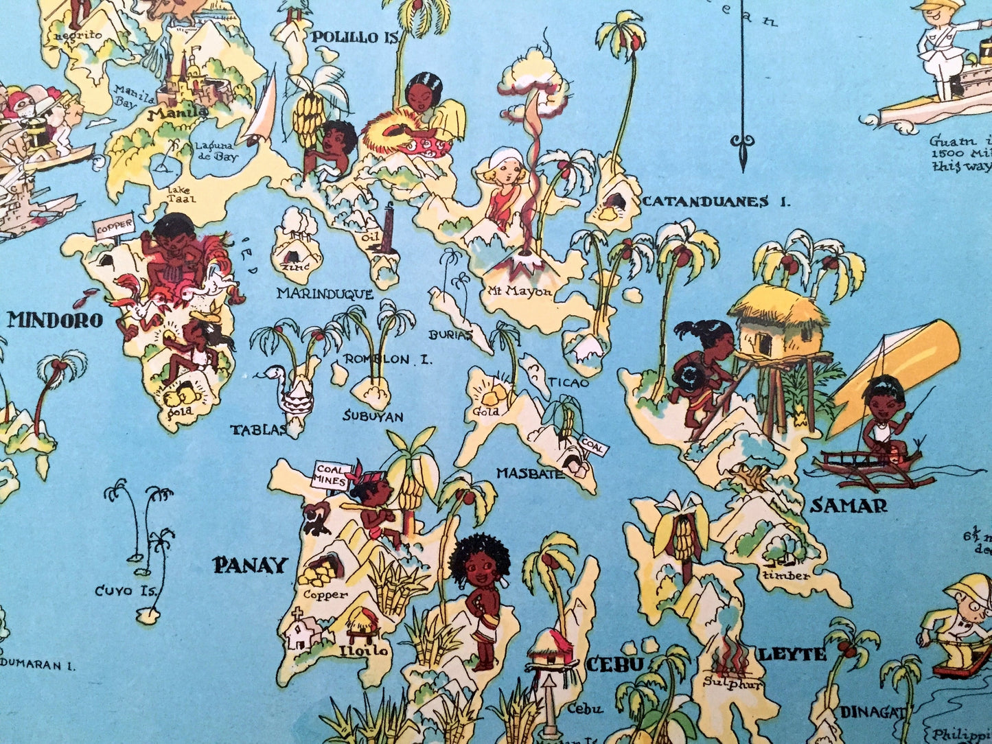 Antique 1935 Philippines Islands Map from Our Gay Geography by Ruth Taylor – Quezon City, Manila, Caloocan, Davao, Luzon, Mindanao, Mindoro