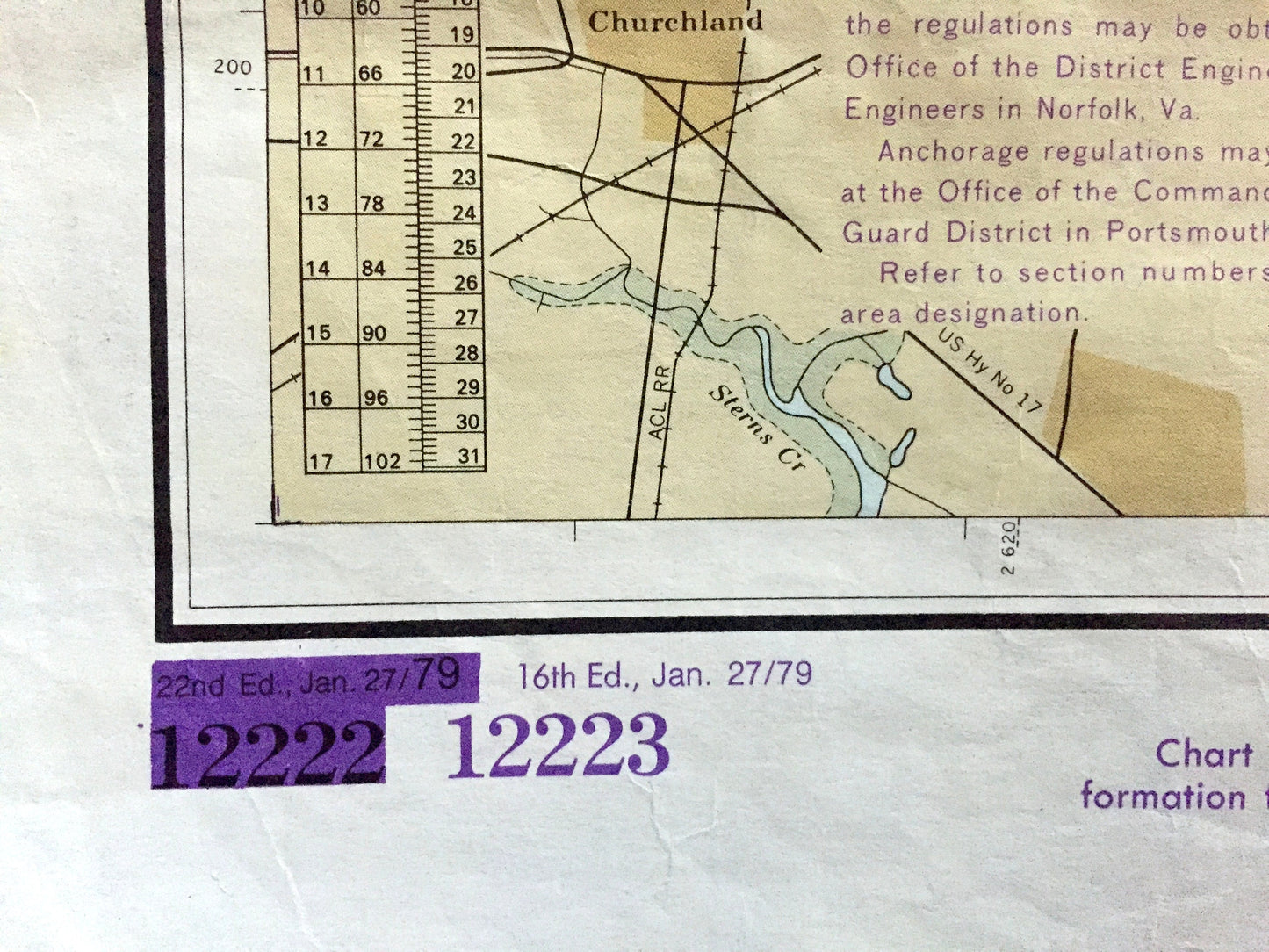 Antique Chesapeake Bay 1979 US Coast Guard Nautical Map – Cape Charles to Norfolk Harbor, Virginia Beach, Newport News, York River, Henry VA