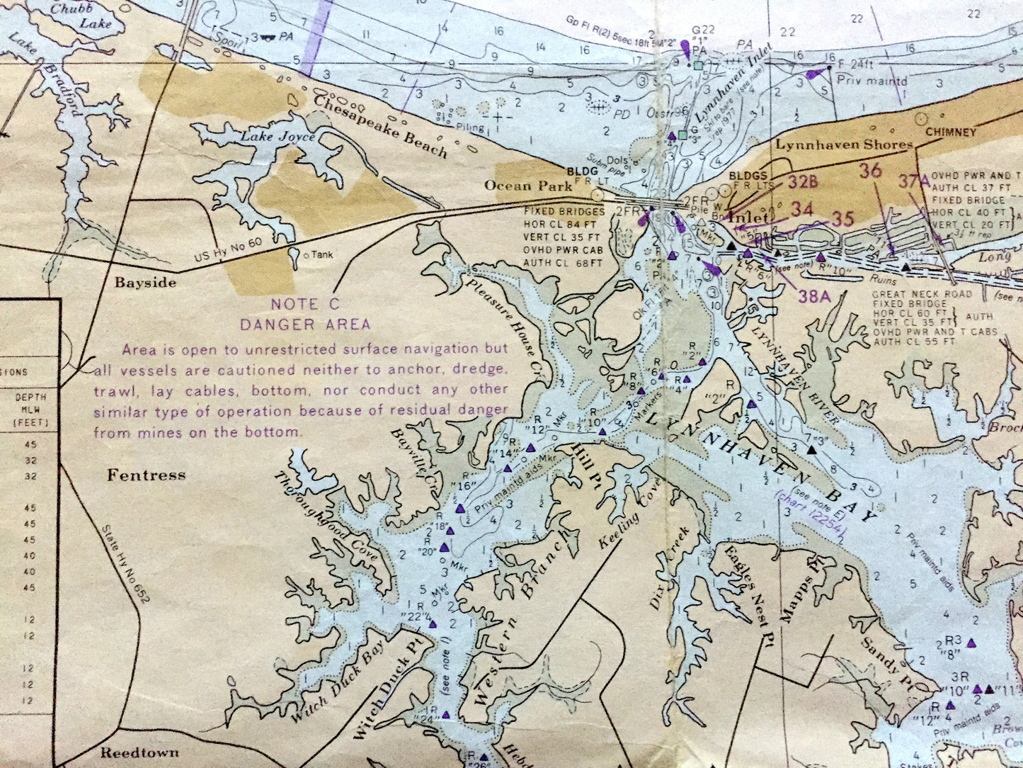 Antique Chesapeake Bay 1979 US Coast Guard Nautical Map – Cape Charles to Norfolk Harbor, Virginia Beach, Newport News, York River, Henry VA
