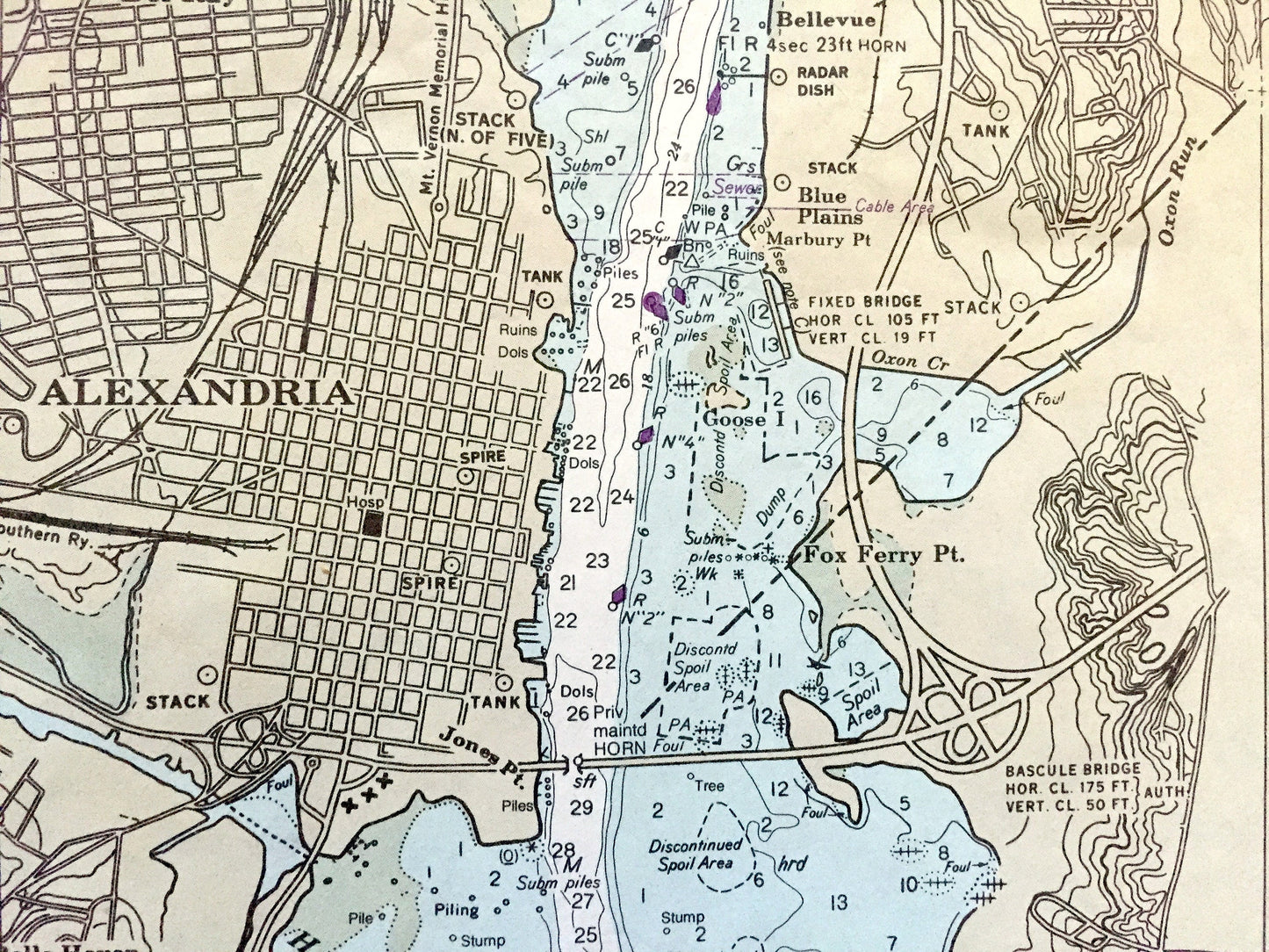 Antique Potomac River 1980 US Coast Guard Nautical Map – Washington DC, Alexandria, Arlington, Virginia, Anacostia, Maryland, Georgetown VA