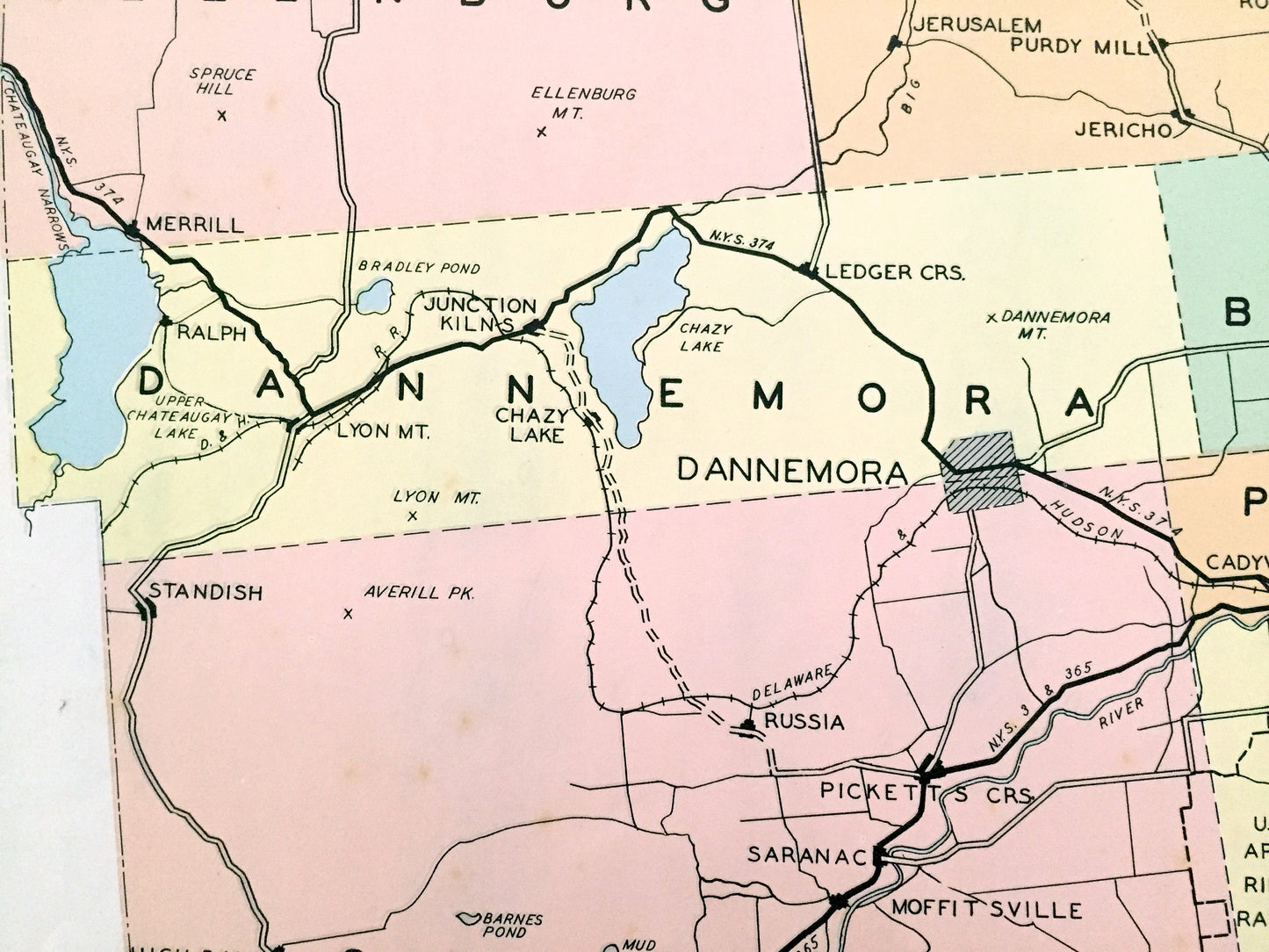 Antique Clinton County, New York 1941 Historical Atlas Map – Plattsburg, Lake Champlain, Dannemora, Rouse's Point, Morrisonville, Chazy, NY