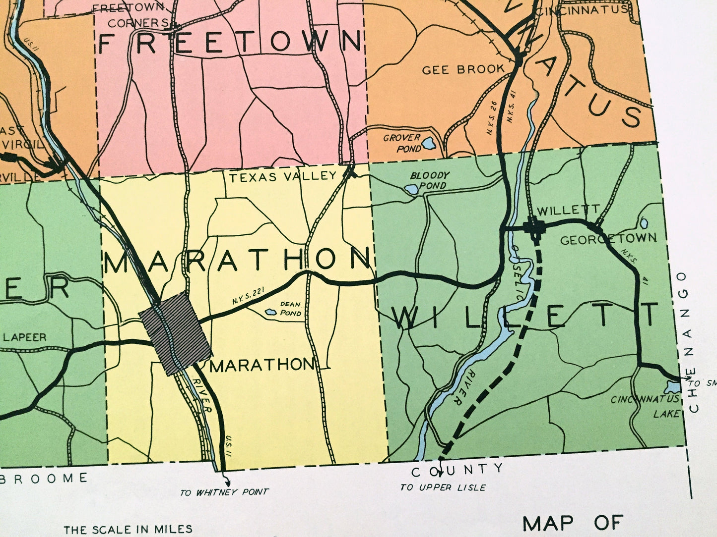 Antique Cortland County, New York 1941 Historical Atlas Map – Cortlandville, Homer, McGraw, Scott, Preble, Marathon, Harford, Texas Valley
