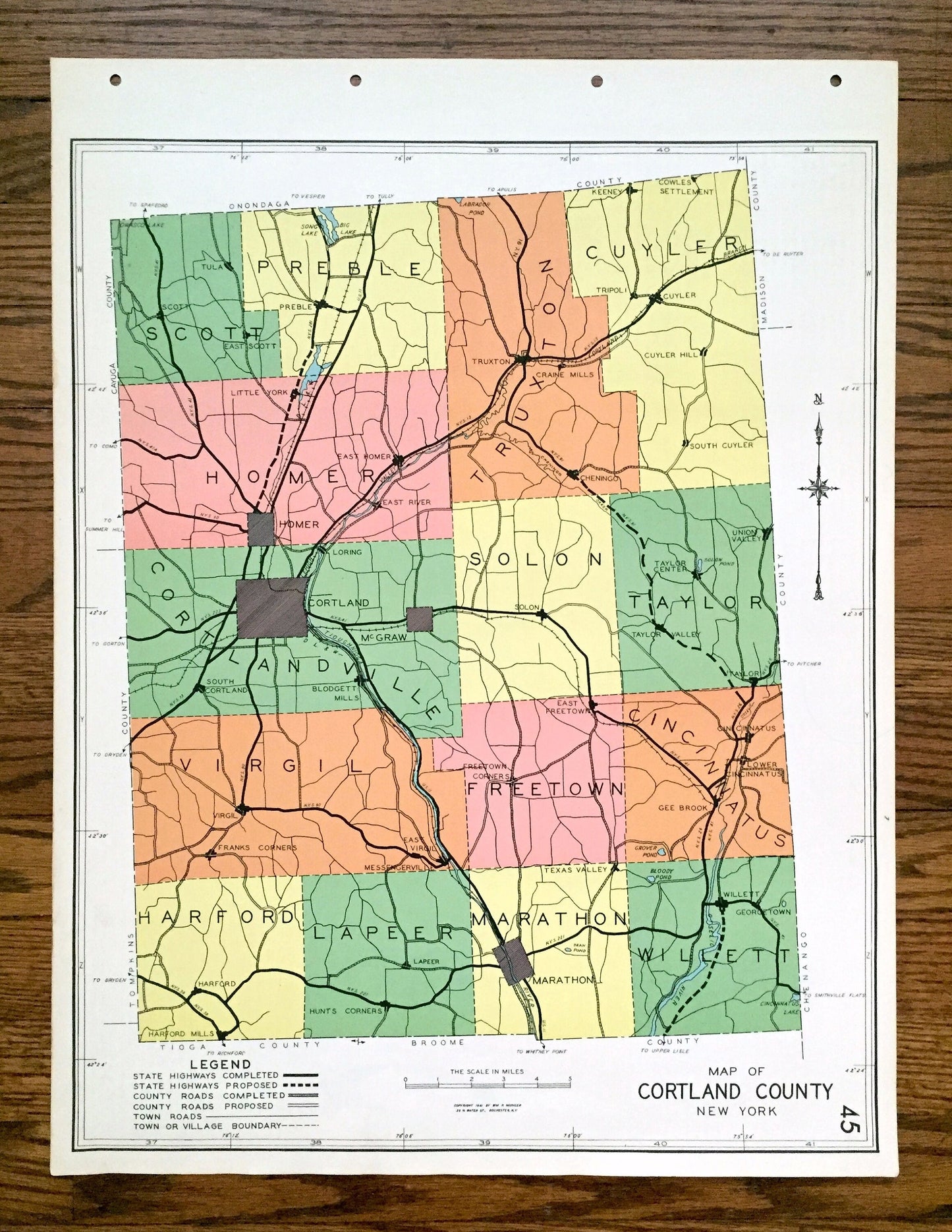 Antique Cortland County, New York 1941 Historical Atlas Map – Cortlandville, Homer, McGraw, Scott, Preble, Marathon, Harford, Texas Valley