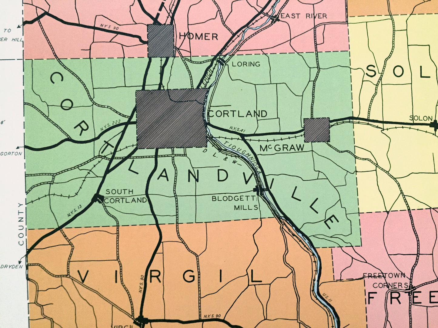 Antique Cortland County, New York 1941 Historical Atlas Map – Cortlandville, Homer, McGraw, Scott, Preble, Marathon, Harford, Texas Valley