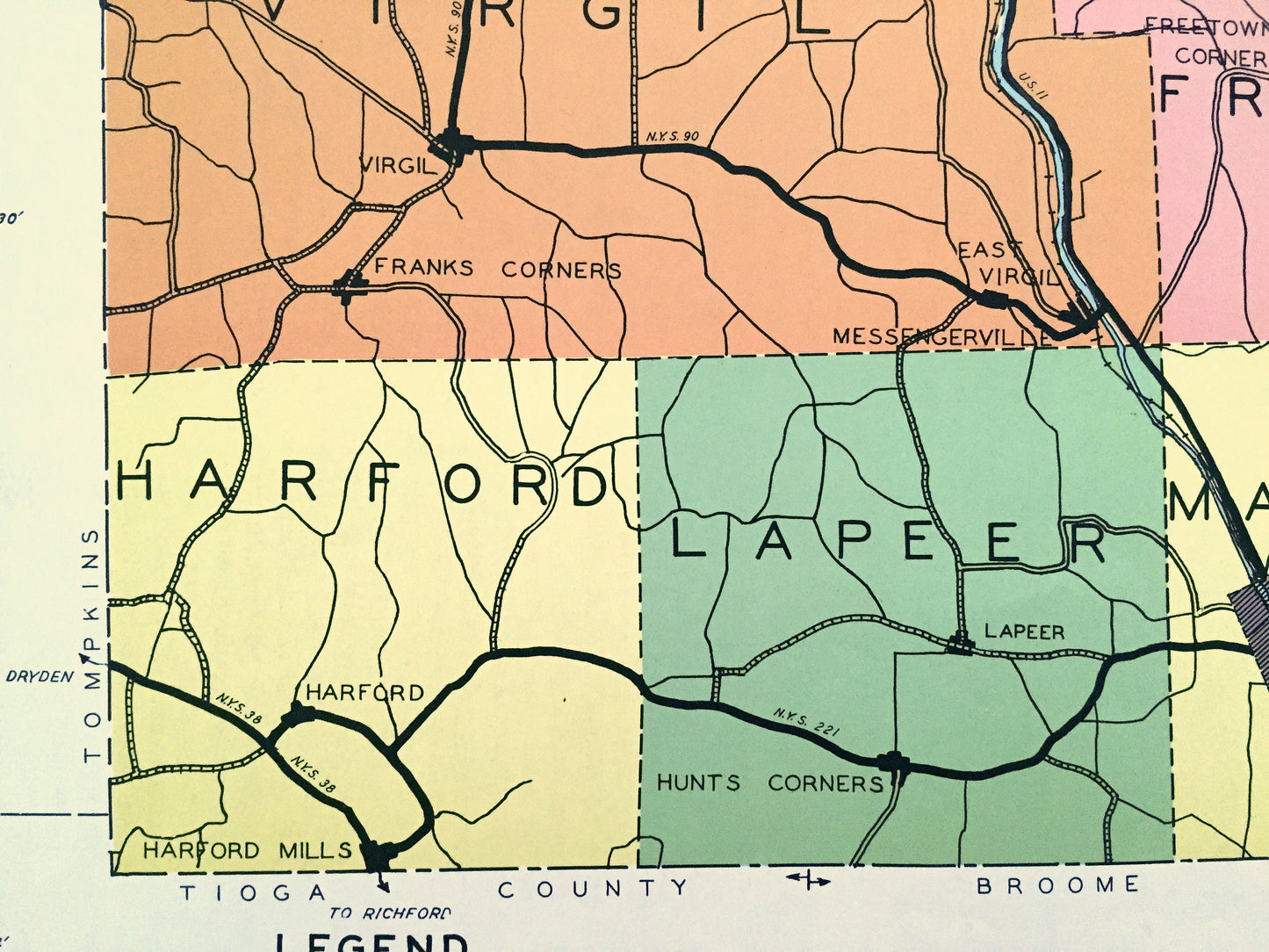 Antique Cortland County, New York 1941 Historical Atlas Map – Cortlandville, Homer, McGraw, Scott, Preble, Marathon, Harford, Texas Valley